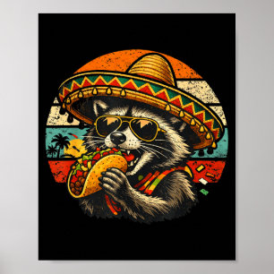 Lustiger Waschbär isst Taco Retro-Sombrero-Grafik Poster