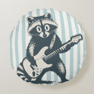 Lustiger Waschbär spielt elektrische Gitarre Rundes Kissen