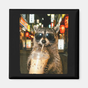 Lustiger Waschbär trinkt Eis Kaffee Männer Frauen  Magnet