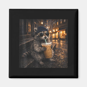 Lustiger Waschbär trinkt eisgekühlten Kaffee, cool Magnet