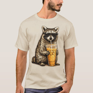 Lustiger Waschbär trinkt Eiskaffee — Retro-Tier  T-Shirt