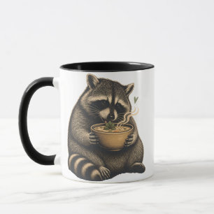 Lustiger Waschbär trinkt heiße Suppe Tasse