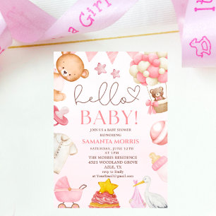 Lustiger Wasserfarben-Rosa-Teddybär-Mädchen-Baby-P Einladung