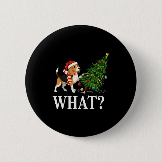 Lustiger Weihnachts-Beagle stößt Weihnachtsbaum um Button (Vorderseite)