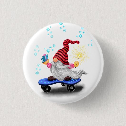 Lustiger Weihnachts-Button Skater Gnom mit Geschen Button (Vorderseite)