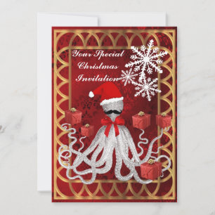 Lustiger Weihnachts-Oktopus auf rotem Damast Einladung
