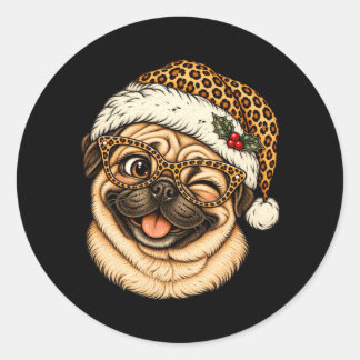 Lustiger Weihnachts-Pug mit Leoparden-Weihnachtsma Runder Aufkleber