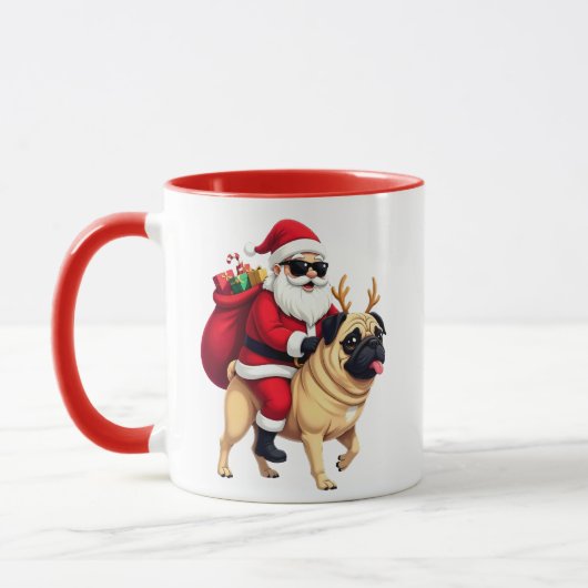 Lustiger Weihnachts-Santa-Reit-Pug Tasse (Links)