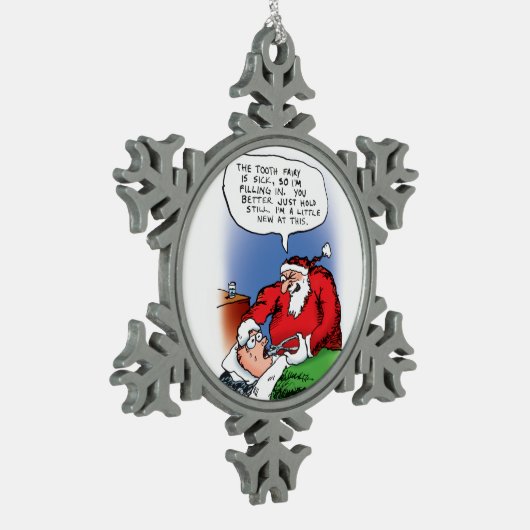 Lustiger WeihnachtsCartoon Zahn-Fee-Sankt Schneeflocken Zinn-Ornament (Links)