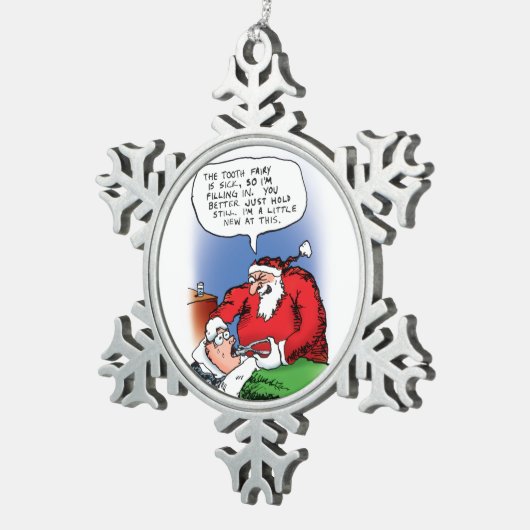 Lustiger WeihnachtsCartoon Zahn-Fee-Sankt Schneeflocken Zinn-Ornament (Rechts)