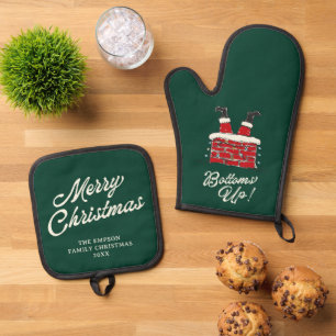 Lustiger Weihnachtskochgeschenk Santa Bottoms Up Ofenhandschuh & Topflappen-Set