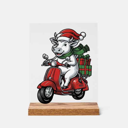 Lustiger Weihnachtskuh-Fahr-Roller im Vintage-Desi Acrylschild (Vorderseite)