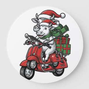 Lustiger Weihnachtskuh-Fahr-Roller im Vintage-Desi Große Wanduhr