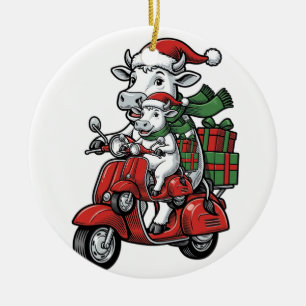 Lustiger Weihnachtskuh-Fahr-Roller im Vintage-Desi Keramik Ornament