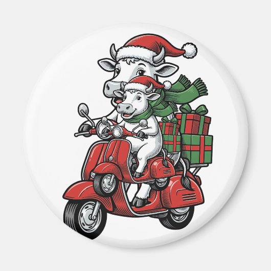Lustiger Weihnachtskuh-Fahr-Roller im Vintage-Desi Magnet (Vorne)