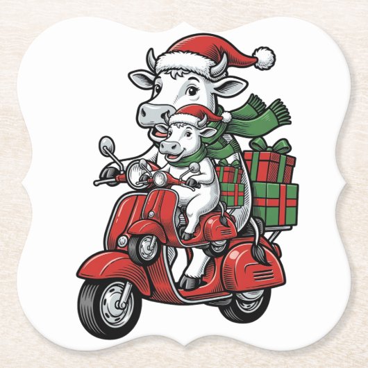 Lustiger Weihnachtskuh-Fahr-Roller im Vintage-Desi Untersetzer (Vorderseite)