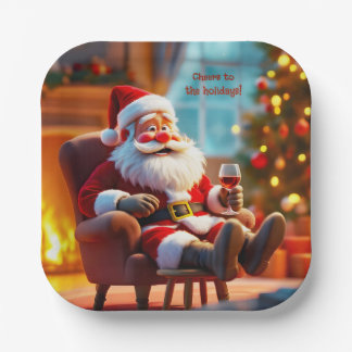Lustiger Weihnachtsmann entspannt sich mit Rotwein Pappteller