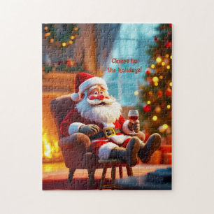Lustiger Weihnachtsmann entspannt sich mit Rotwein Puzzle