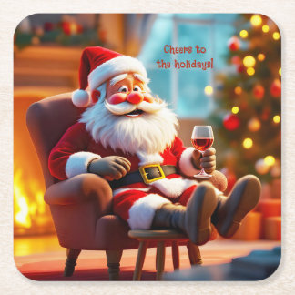 Lustiger Weihnachtsmann entspannt sich mit Rotwein Rechteckiger Pappuntersetzer