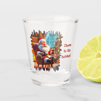 Lustiger Weihnachtsmann entspannt sich mit Rotwein Schnapsglas