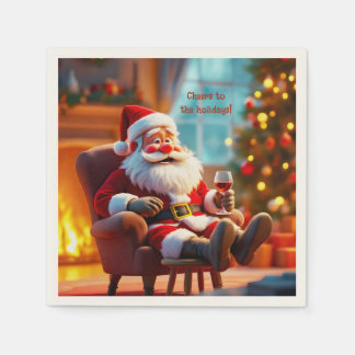Lustiger Weihnachtsmann entspannt sich mit Rotwein Serviette