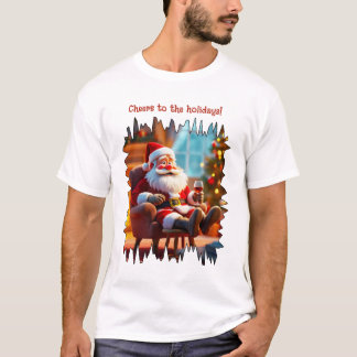 Lustiger Weihnachtsmann entspannt sich mit Rotwein T-Shirt