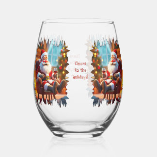 Lustiger Weihnachtsmann entspannt sich mit Rotwein Weinglas Ohne Stiel