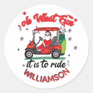 Lustiger Weihnachtsmann-Golfwagen-Familienname Runder Aufkleber