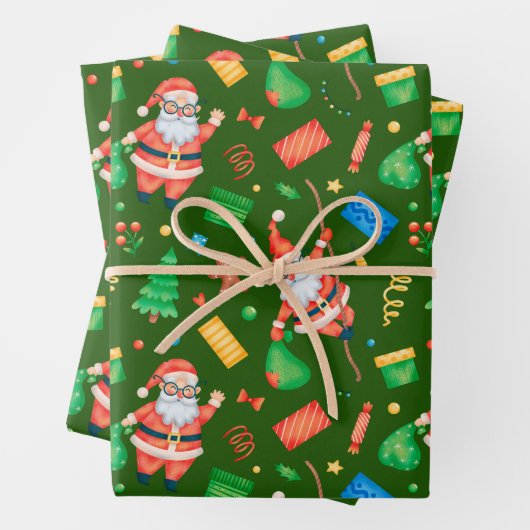 Lustiger Weihnachtsmann mit Geschenken Grün Geschenkpapier Set (Beispiel)