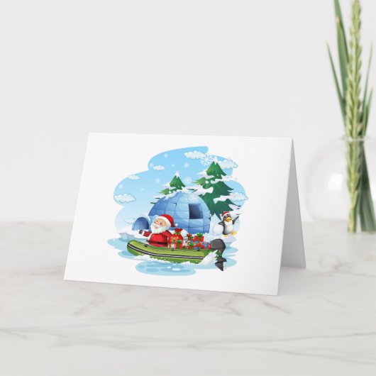 Lustiger Weihnachtsmann mit Geschenken im Boot Karte (Vorderseite)