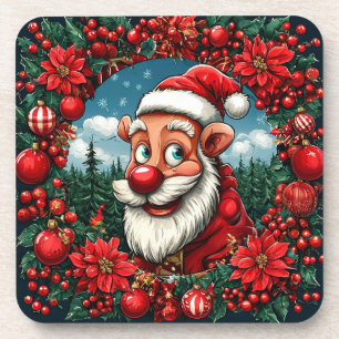 Lustiger Weihnachtsmann mit Kranz und Ornamenten Getränkeuntersetzer