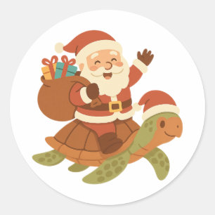 Lustiger Weihnachtsmann reitet auf einer Meeressch Runder Aufkleber