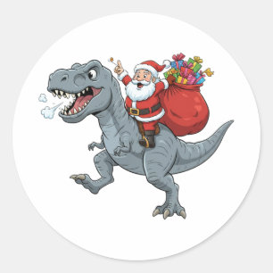 Lustiger Weihnachtsmann reitet auf T-Rex-Dinosauri Runder Aufkleber