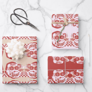 Lustiger Weihnachtsmann Retro Rot Pink Weihnachtsf Geschenkpapier Set