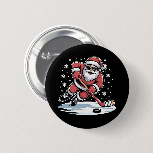 Lustiger Weihnachtsmann spielt Eishockey Xmas Button (Vorne & Hinten)