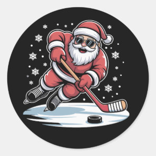 Lustiger Weihnachtsmann spielt Eishockey Xmas Runder Aufkleber