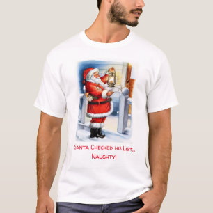 Lustiger Weihnachtsmann überprüft seine Liste / Un T-Shirt