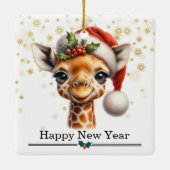 Lustiger Weihnachtsmannhut-Giraffe Frohe Weihnacht Keramikornament (Rückseite)
