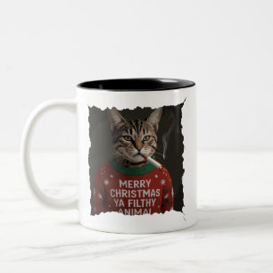 Lustiger Weihnachtsrauchkatze Sarkastischer Feiert Zweifarbige Tasse