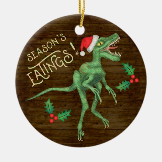 Lustiger Weihnachtsvelociraptor-Dinosaurier Keramik Ornament (Vorne)