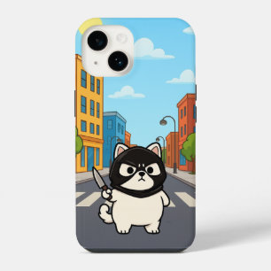 Lustiger Weißer Katzenaufkleber mit Maske und Mess iPhone 14 Hülle