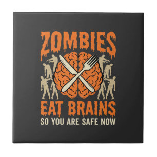 Lustiger Zombie isst Gehirne Halloween-Vektordesig Fliese