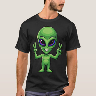 Lustiges Alien-Friedenssymbol Lächeln Humor Süßes  T-Shirt