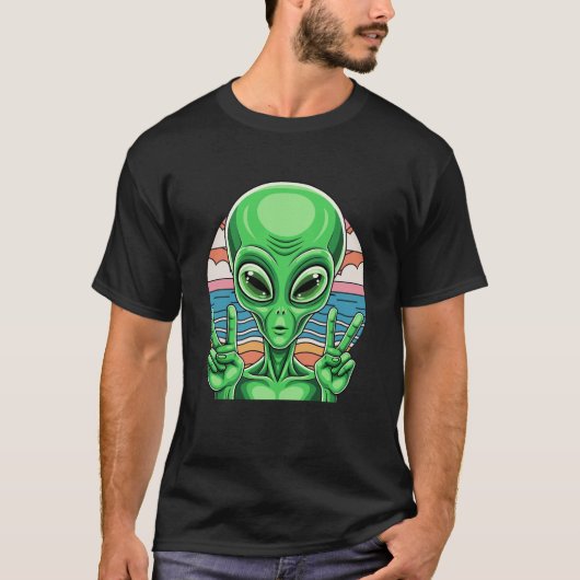 Lustiges Alien-Friedenszeichen Area 51 Design T-Shirt (Vorderseite)