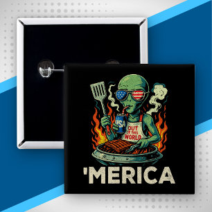 Lustiges Amerika Alien BBQ Grillen Patriotisch Ret Button