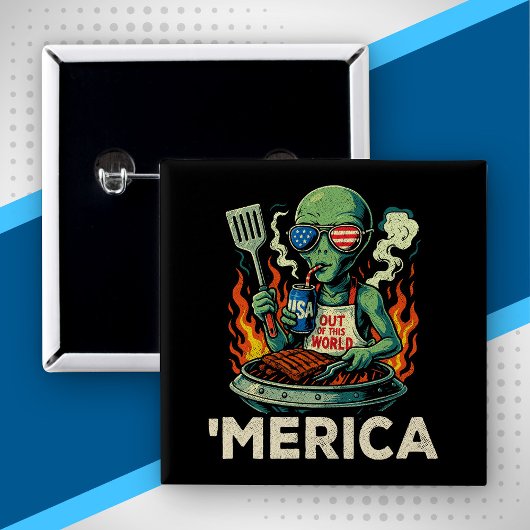 Lustiges Amerika Alien BBQ Grillen Patriotisch Ret Button
