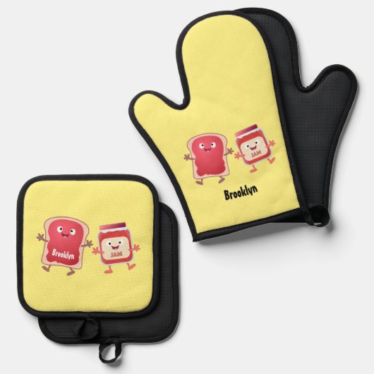 Lustiges Brot und Marmeladenfiguren Ofenhandschuh & Topflappen-Set (Vorderseite/Rückseite)