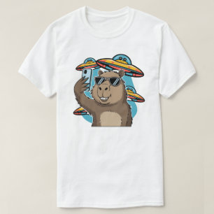 Lustiges Capybara-Selfie mit UFO-Alien-Raumschiff- T-Shirt