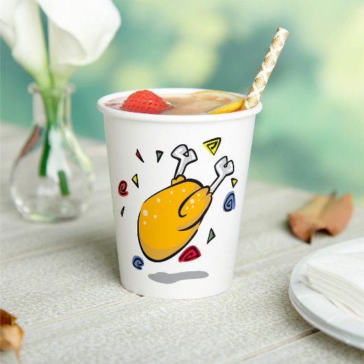 Lustiges Cartoon Brathähnchen beim Fallen Pappbecher