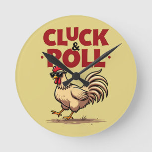 Lustiges "Cluck & Roll" Cooles Cartoon-Hahn-Design Runde Wanduhr